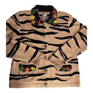 Berek Tiger Striped Embroidered Cardigan Knit Sweater size M Tan/Black Vintage